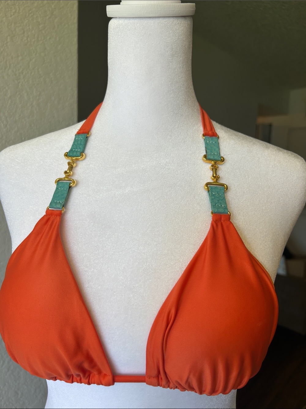 VIX PAULA HERMANNY Women’s Orange Halter Swim Top with Gold AND LEATHER Accent